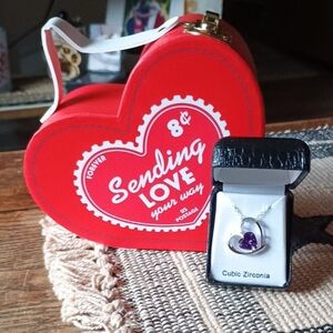 Silver and Purple Heart Pendant Necklace And  Heart Giftbox